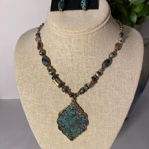 Turquoise Patina Filigree Pendant Necklace with Beaded Chain, 12”